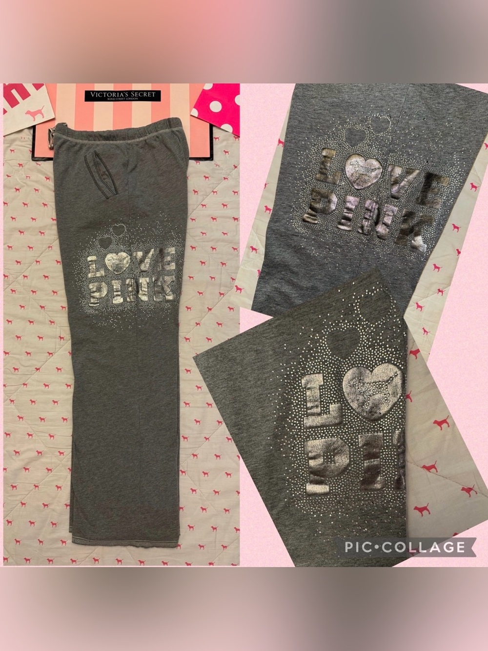 VS PINK VINTAGE Y2K WIDE LEG BOYFRIEND SWEATPANTS GRAY SILVER BLING HEARTS DOG M